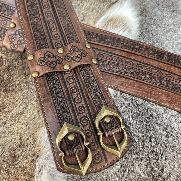 Men's Brown Medieval Faux Leather Armor Belt Knight Corset Belt LARP Halloween - Picture 5 of 6